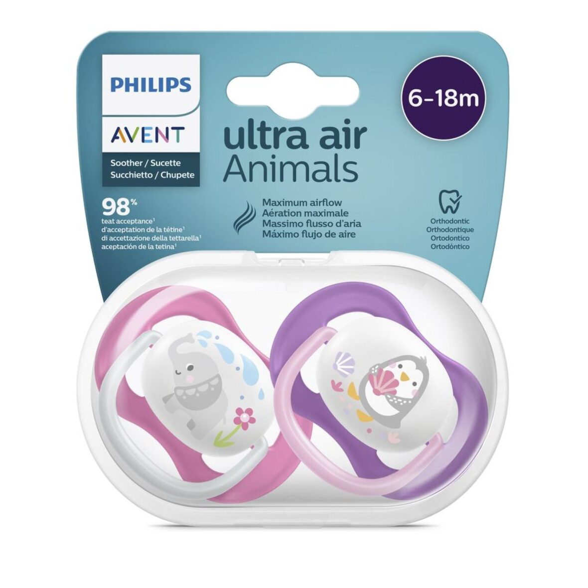 Philips Avent 2 sucettes Ultra Air Animals 6-18 mois Fille