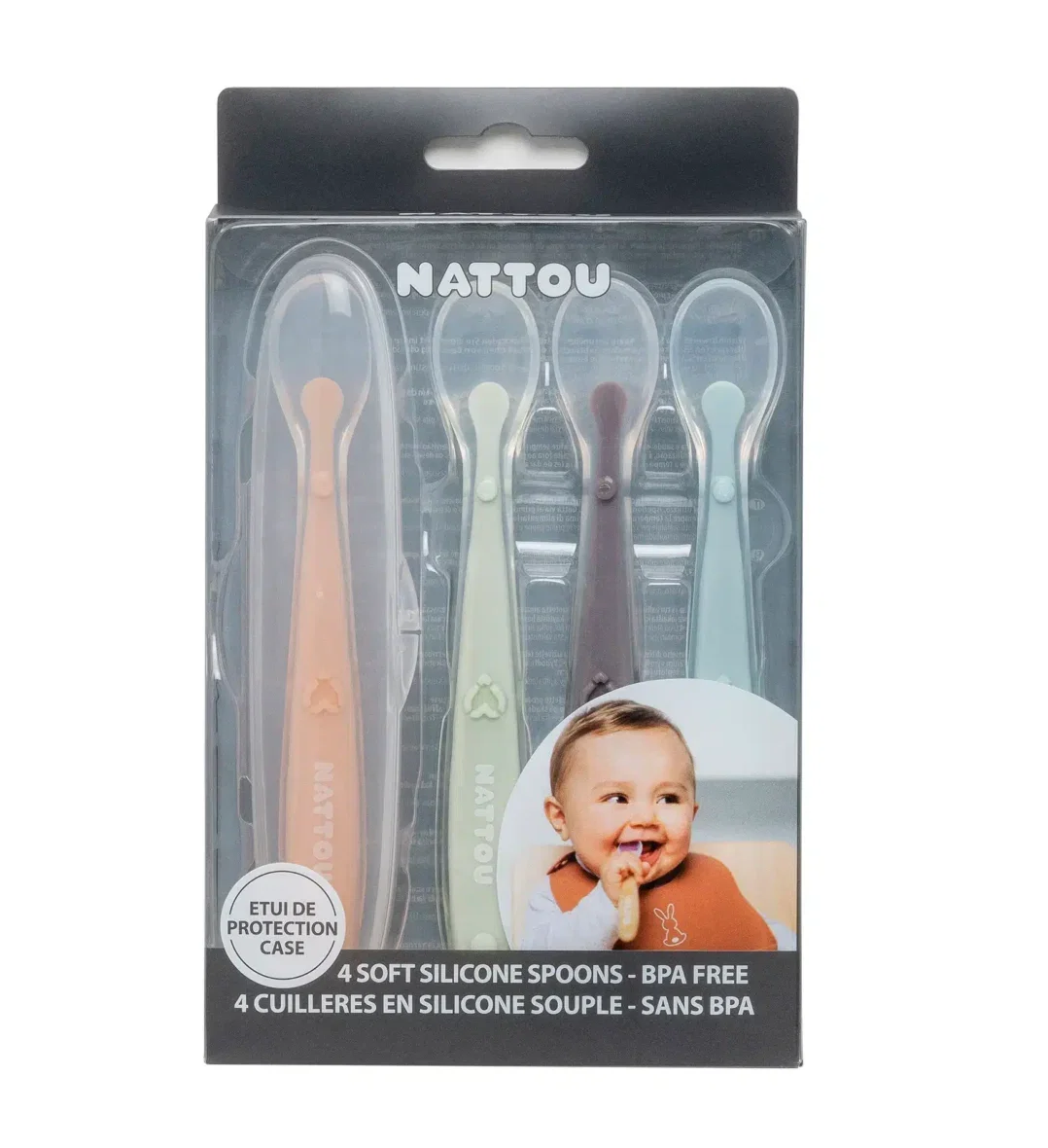 Nattou Set de 4 cuillères en silicone avec étui