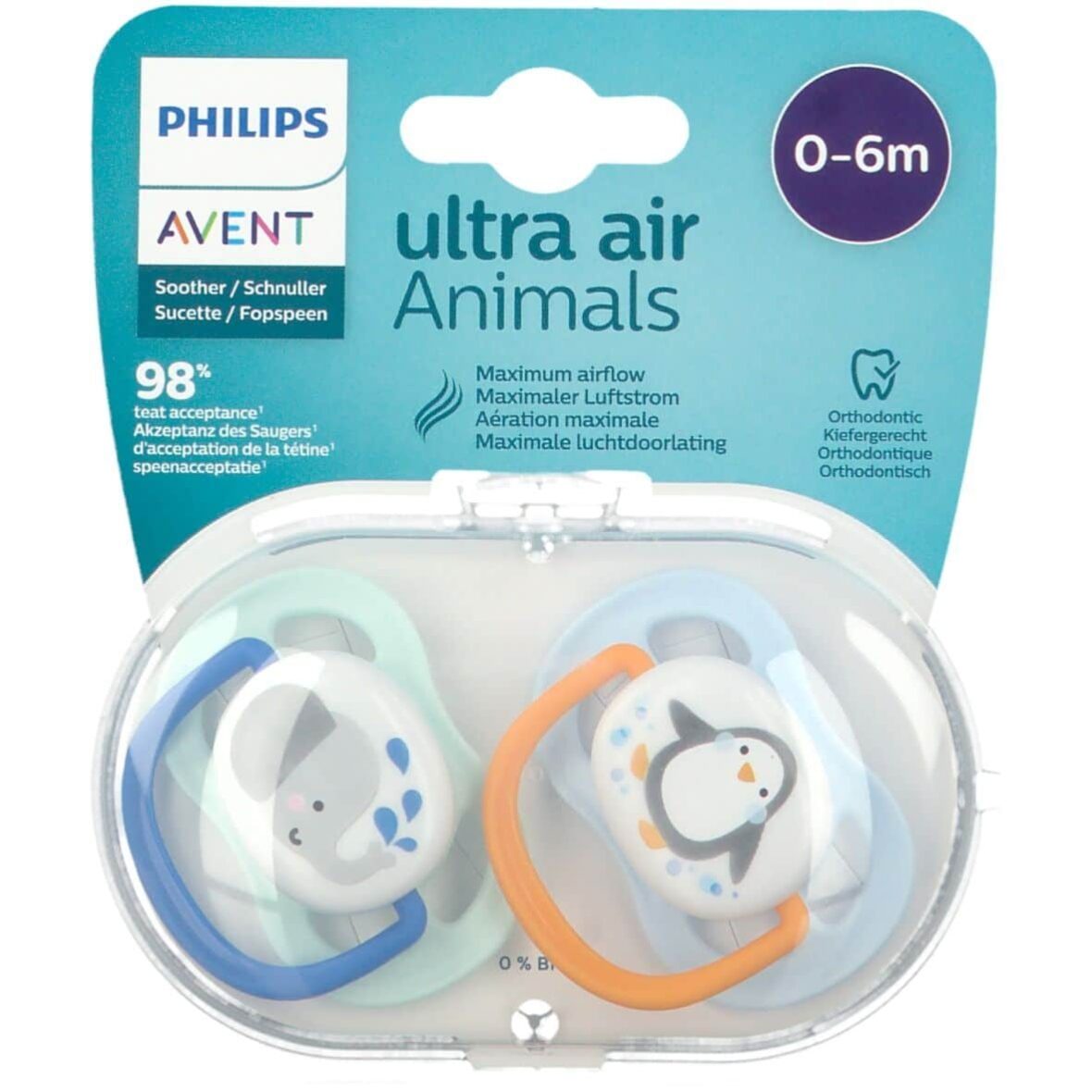 Philips Avent 2 sucettes Ultra Air Animals Garçon 0-6 mois