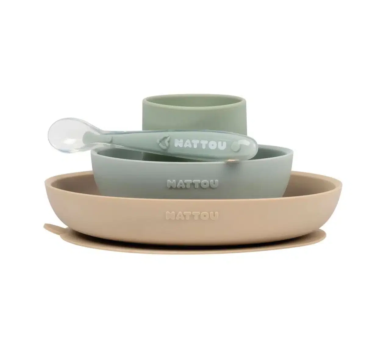 Nattou Siliconen servies voor kinderen, antislip schaal lepel, BPA-vrij, siliconen, roze/paars