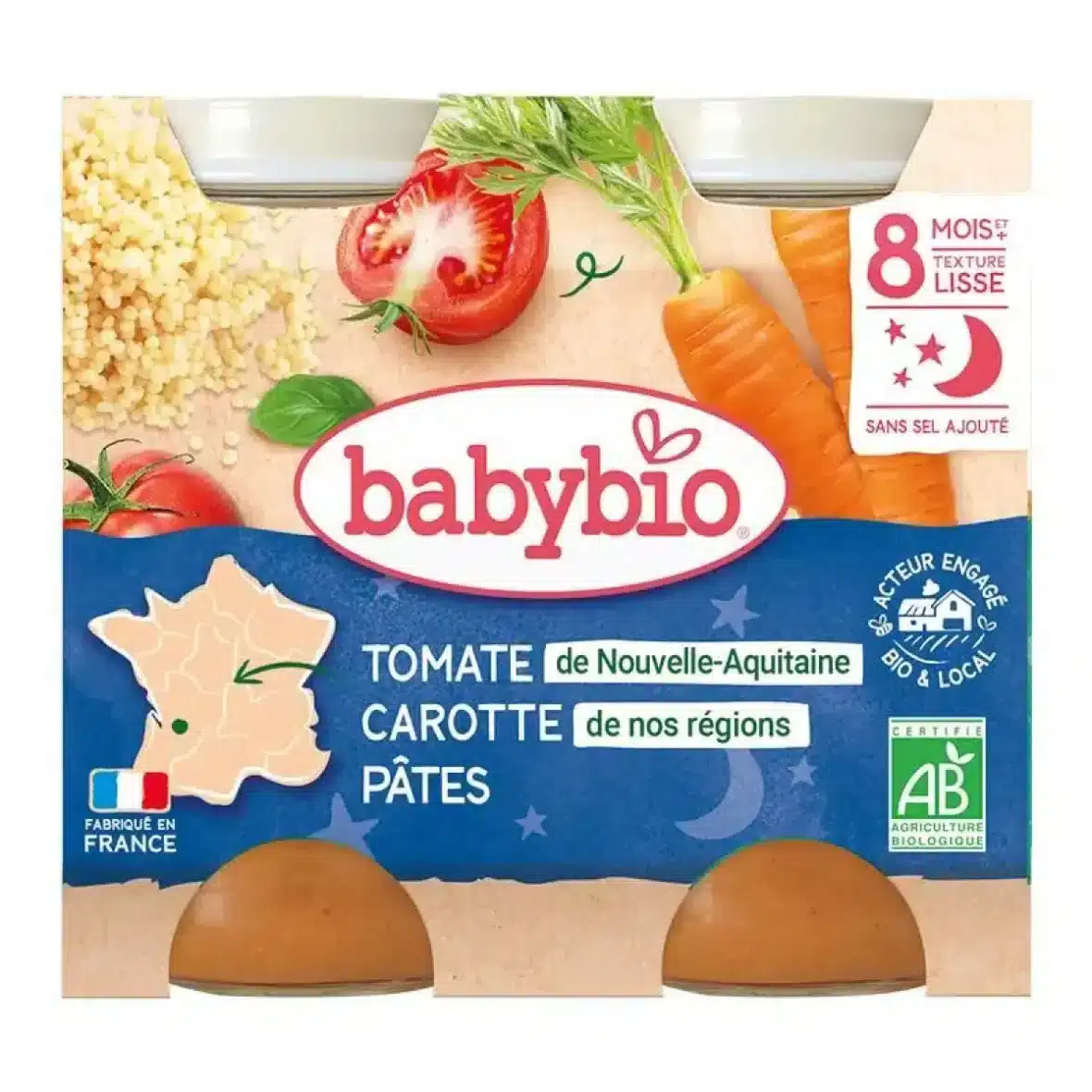 Babybio Bonne Nuit Compotée Carotte Tomate Pâtes 8mois+