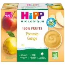 Hipp Petits pots bébé 4/6m+ fruits pommes coings sans sucres ajoutés 4x100 g