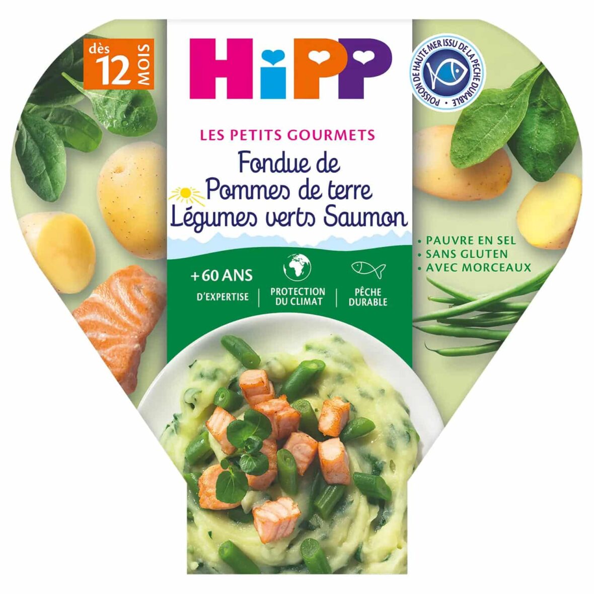 Hipp Fondue de Pommes de terre Légumes verts Saumon 12m+