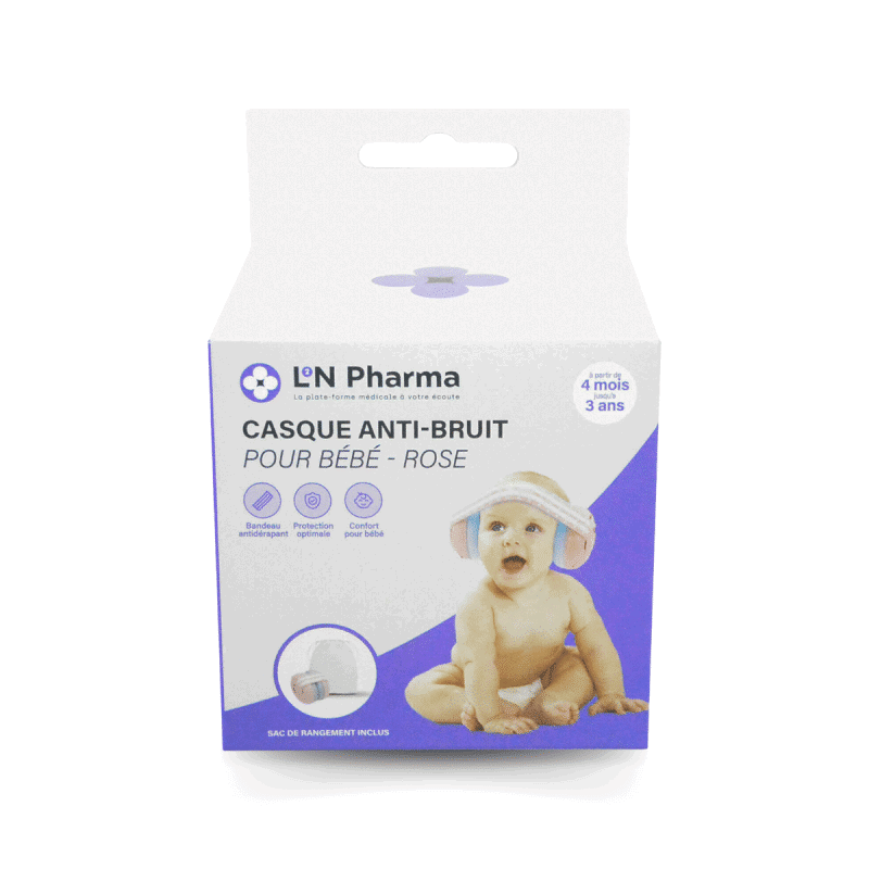 L2N Casque bébé réducteur de bruits Rose dès 4mois Sac de rangement inclus