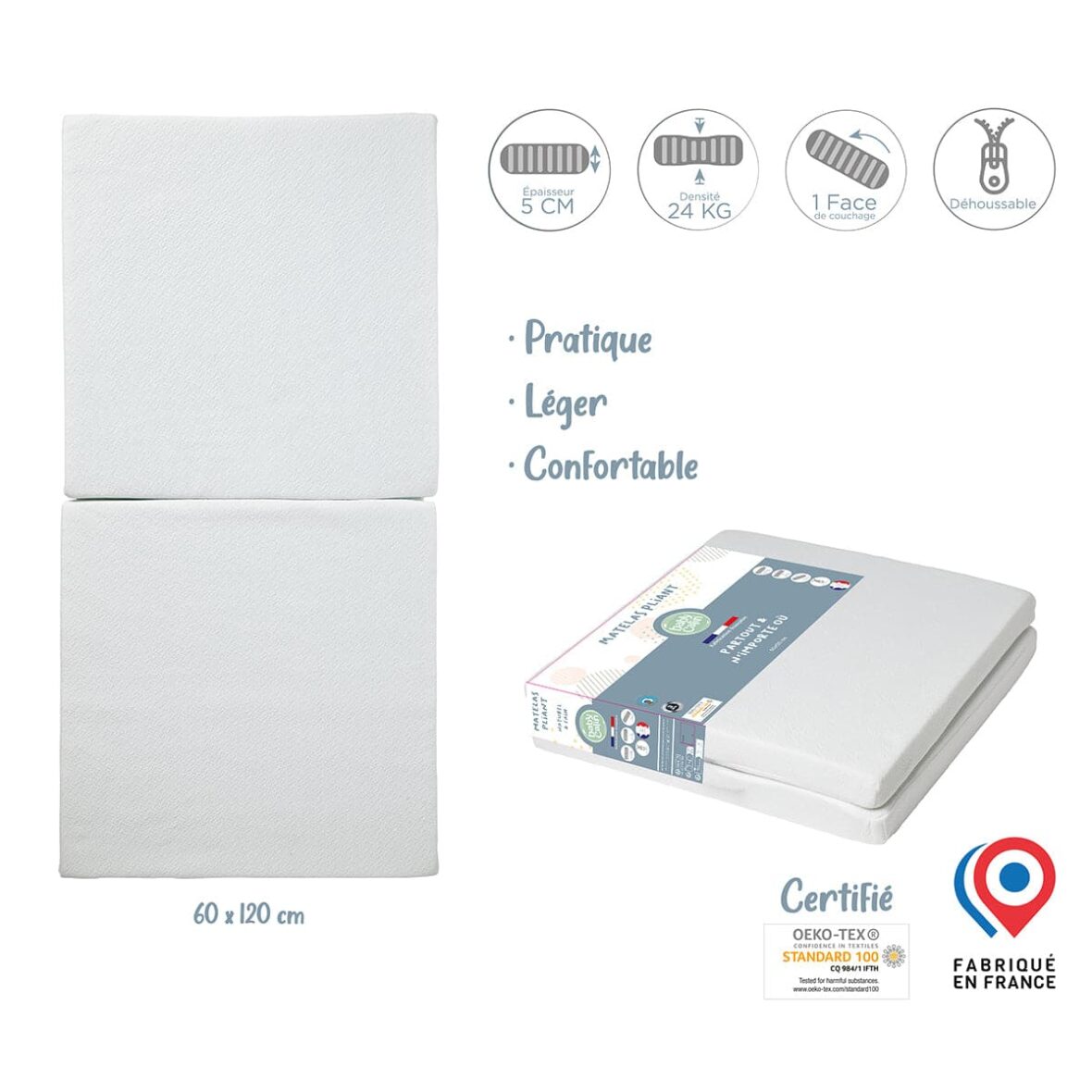 Babycalin Matelas bébé pliant d&rsquo;appoint – 60×120 cm