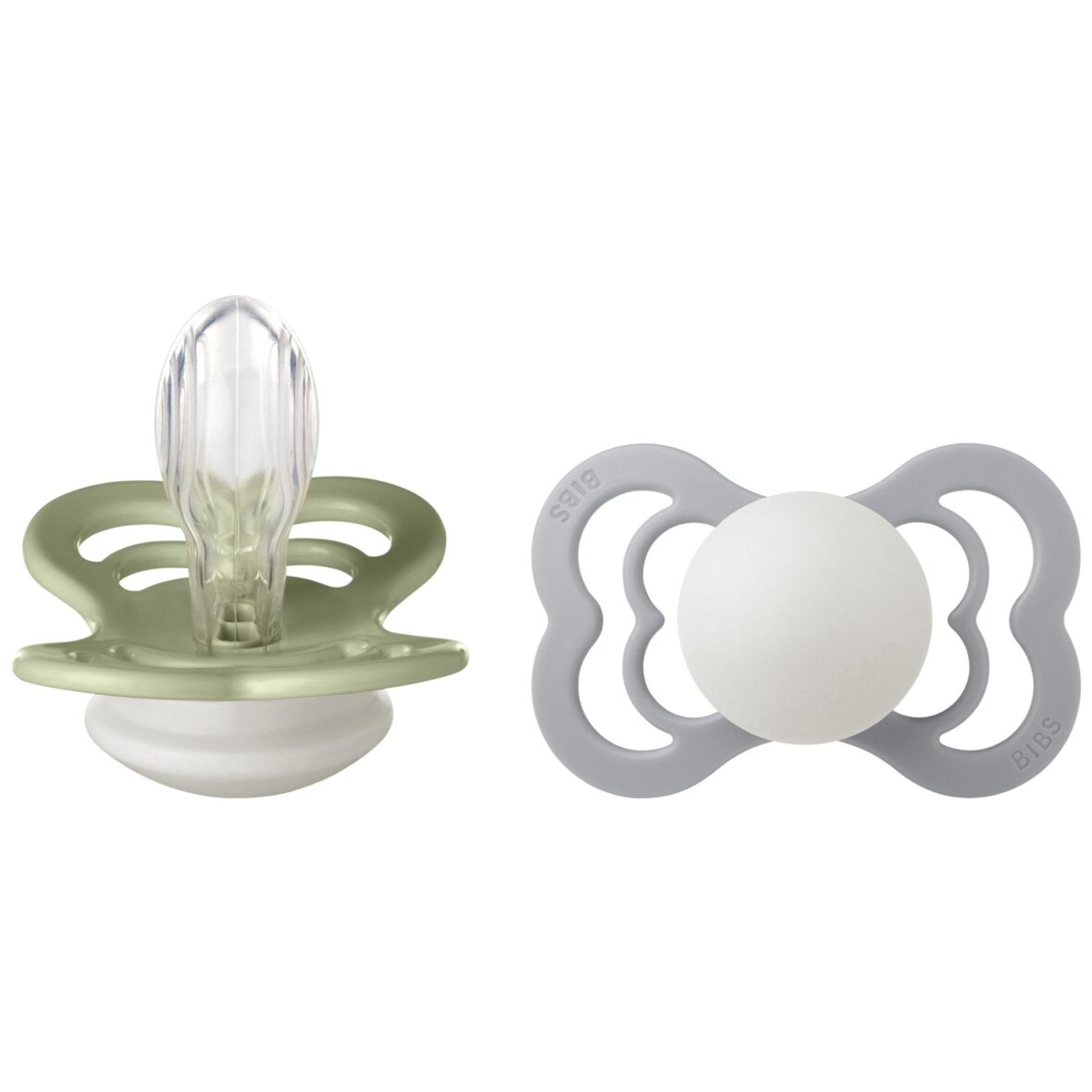 Bibs Lot de 2 Sucettes Supreme Symétrique Silicone Glow Sage / Cloud 6-18 mois