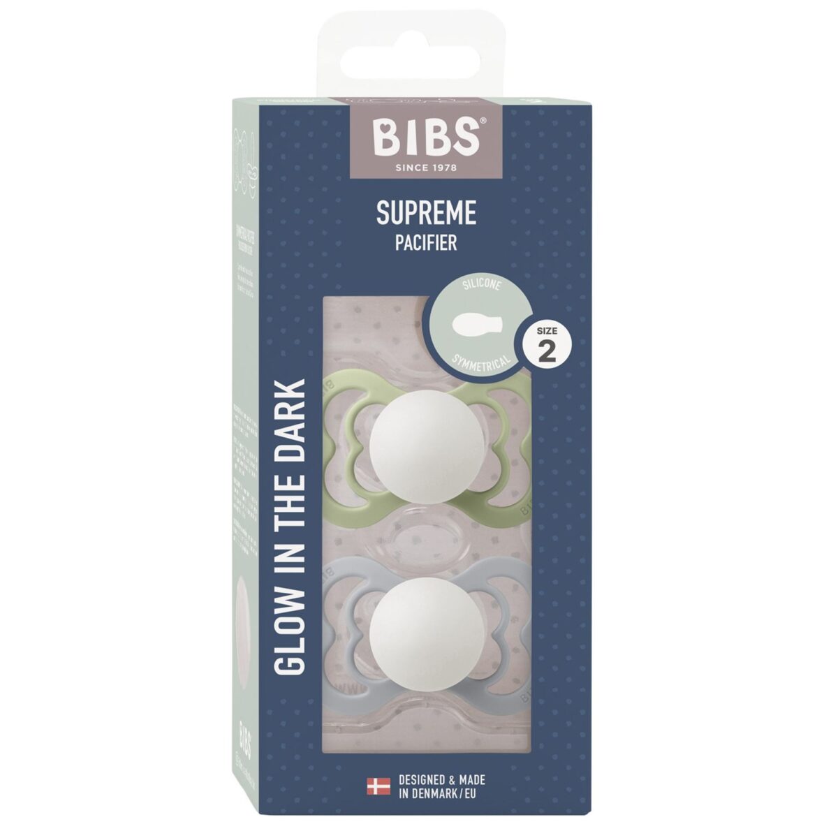 Bebemaman Bibs Lot de 2 Sucettes Supreme Symétrique Silicone Glow Sage Cloud 6-18mois