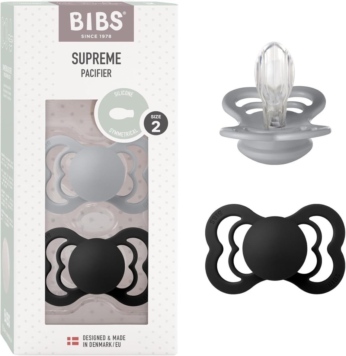 Bebemaman Bibs Lot de 2 Sucettes Supreme Symétrique Silicone Iron Baby Blue 6-18 mois