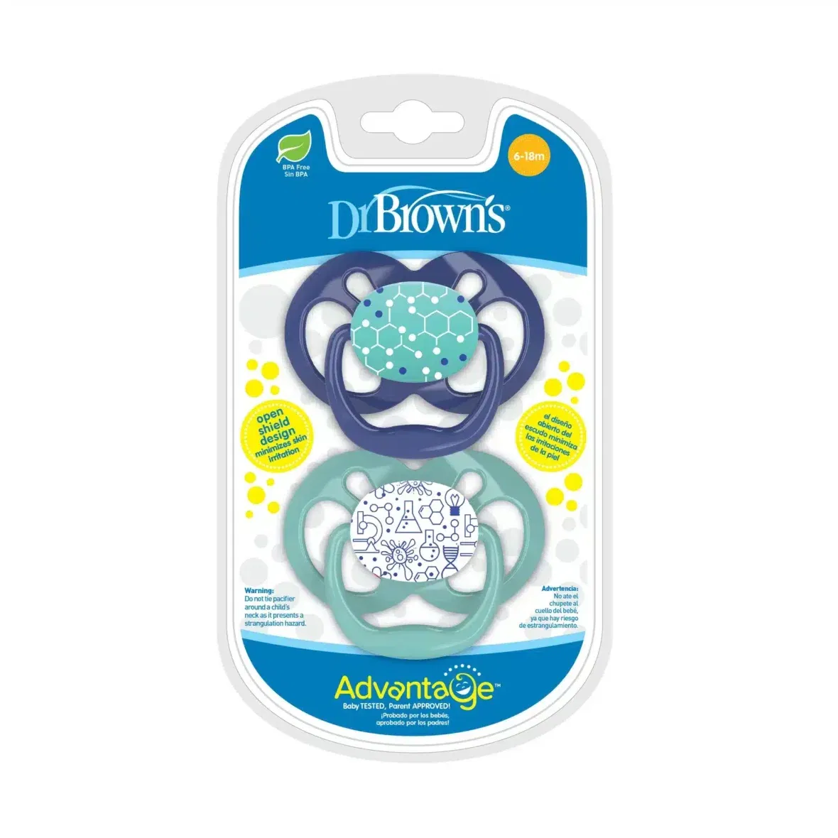 Dr.Brown’s Lot de 2 sucettes Symétriques Advantage Bleu/Vert 6-18mois