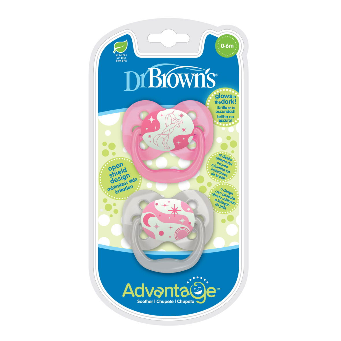 Dr.Brown’s Lot de 2 sucettes Symétriques Advantage Glow Rose/Blanc 0-6mois