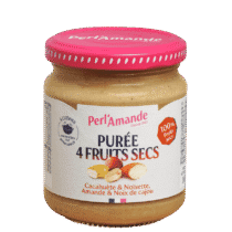 Découvrez Perl'Amande Purée 4 Fruits Secs Bio 200g : arachide, amande, noix de cajou et noisette. Une recette vegan, sans gluten et riche en goût pour toute la famille !
