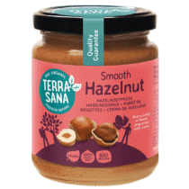 Purée de noisettes bio Terra Sana : 100% noisettes grillées, vegan, sans gluten, sans sucre ni sel ajouté. Texture crémeuse idéale pour pâtisseries ou tartines.