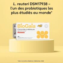 BioGaia® Probiotiques Enfants – 10 comprimés à croquer goût fraise avec Lactobacillus reuteri. Favorise la digestion et la flore intestinale dès 3 ans.