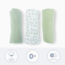 Lot de 3 langes mini Doomoo en coton bio Leaves Green. Doux, respirants, lavables et multifonctions. L’accessoire idéal pour bébé sur Bebemaman.ma.