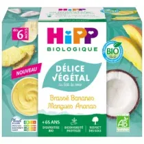 Découvrez le HiPP Délice Végétal au Lait de Coco, un dessert bio sans sucres ajoutés pour bébé dès 6 mois. Saveurs exotiques de banane, mangue et ananas. Pack de 4x100g.