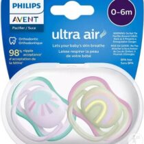 Découvrez le lot de 2 sucettes Philips Avent Ultra Air pour bébés de 0 à 6 mois. Design ventilé, motifs soleil et arc-en-ciel, avec boîte de stérilisation incluse.