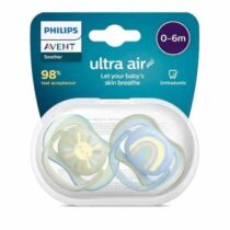 Découvrez le lot de 2 sucettes Philips Avent Ultra Air pour bébés de 0 à 6 mois. Design ventilé, motifs soleil et arc-en-ciel, avec boîte de stérilisation incluse.