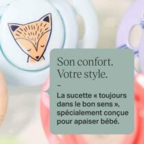 Découvrez la sucette Tommee Tippee Fun Friends 0–6 mois au motif de renarde bleue. Tétine symétrique en silicone, collerette aérée, capsule de stérilisation incluse. Disponible sur Bebemaman.ma.