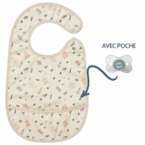 Bavoir Little Band Forest en coton enduit avec poche avant, pressions réglables, dimensions 24×39 cm, machine lavage, certifié OEKO‑TEX – idéal pour diversification dès 6 mois.