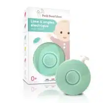 Lime à ongles électrique Petit Bout’chou –Tête douce, arrêt automatique, 6 embouts (0–adulte), sûre et silencieuse, pour ongles de bébé dès la naissance.