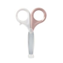 Ciseaux Béaba spécial bébé – Vieux rose. Embouts arrondis, inox désinfectable, capuchon hygiénique. Dès la naissance. Livraison rapide au Maroc.