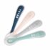 beaba cuillères 2ème âge silicone Lot 4 : embout en silicone ultra‑souple, poignée ergonomique, repose‑cuillère intégré, lavable, dès 8 mois. Multicolore et sans BPA.
