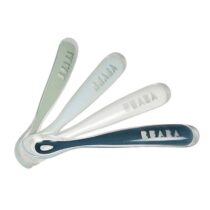 Lot 4 cuillères Béaba 1er âge en silicone souple – bleu, gris, eucalyptus – embout doux, manche ergonomique, hygiène maximale, dès 4 mois, sans BPA.
