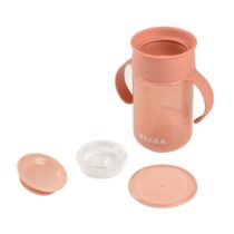 Beaba Tasse d’apprentissage 360° Rose 340 ml – sans fuite, système anti-goutte breveté, anses amovibles, couvercle hygiénique, sans BPA. Parfaite dès 12 mois.