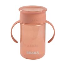 Beaba Tasse d’apprentissage 360° Rose 340 ml – sans fuite, système anti-goutte breveté, anses amovibles, couvercle hygiénique, sans BPA. Parfaite dès 12 mois.