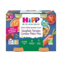 Le petit pot HiPP Spaghetti Tomates Carottes Petits Pois est un délicieux plat cuisiné bio pour bébé dès 6 mois. Sans conservateurs, avec légumes doux & spaghetti fondants.
