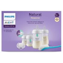 Coffret naissance Philips Avent avec 4 biberons (2×125 ml + 2×260 ml), valve AirFree, sucette Ultra‑Air, goupillon – pour réduire les coliques, dès la naissance.