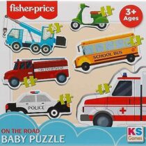 puzzle Fisher‑Price Baby On The Road – 6 scènes, 40 pièces robustes, surfaces antireflet, carton recyclé, dès 2 ans.