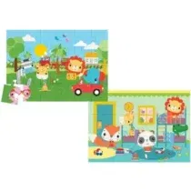 Fisher‑Price Baby Puzzle Railway & Bedtime 2‑en‑1 : 24 pièces robustes + 2 scènes (train & coucher), surface antireflet, carton recyclé, dès 2 ans.