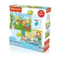 Fisher‑Price Baby Puzzle Railway & Bedtime 2‑en‑1 : 24 pièces robustes + 2 scènes (train & coucher), surface antireflet, carton recyclé, dès 2 ans.