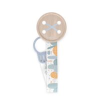 Attache‑sucette Suavinex Dreams Bleu, clip bouton et ruban réversible, sans BPA, pour garder la sucette propre et à portée dès la naissance.