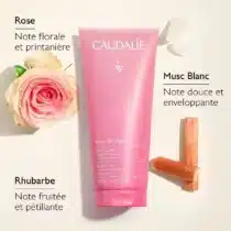 Gel Douche Caudalie Rose de Vigne 200 ml – sans savon, parfum frais rose, rhubarbe & musc blanc, 97 % bio, formule vegan et tube recyclable. Douceur & délicatesse – dispo sur BebeMaman.ma.