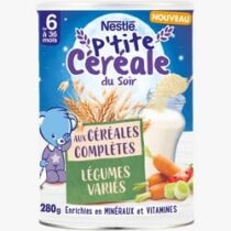 Nestlé P’tite Céréale du Soir 280 g – céréales complètes + légumes variés, enrichies en vitamines et minéraux, sans conservateurs. Apaisante et rassasiante, idéale dès 6 mois – disponible sur BebeMaman.ma.