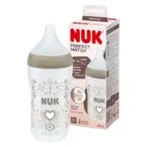 Découvrez le biberon NUK Perfect Match 260 ml : tétine silicone extra souple, anti‑colique, indicateur de température SafeTemp, sans BPA. Idéal dès 3 mois.