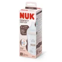 Découvrez le biberon NUK Perfect Match 260 ml : tétine silicone extra souple, anti‑colique, indicateur de température SafeTemp, sans BPA. Idéal dès 3 mois.