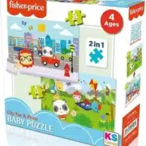 Puzzle Fisher‑Price Baby City & Picnic 2‑en‑1 : 2 puzzles (12+24 pièces), surface antireflet, carton recyclé, boîte 24×24×7 cm, dès 2 ans.