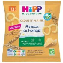 HiPP Crousti’ Plaisir Anneaux au Fromage Bio 25 g – snack bio léger et croustillant dès 12 mois, 53 % de sel en moins, 93 % de céréales complètes.