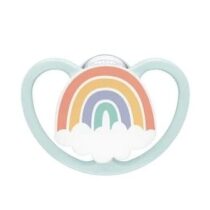 sucettes NUK Space arc‑en‑ciel 0‑6 mois – bouclier ventilé, tétine orthodontique, boîte micro‑ondes, sans BPA, fabriquées en Allemagne.