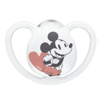 Lot 2 sucettes NUK Space Mickey 6-18 mois : forme physiologique fine, large ventilation, boîte réutilisable, sans BPA.