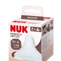 Lot 2 tétines silicone NUK Perfect Match 0 mois+, très souples, large repose-lèvres, anti-colique, sans BPA, s’adaptent à la bouche de bébé.