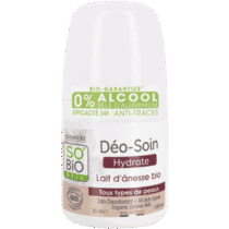 Déodorant bille So Bio Déo‑Soin Douceur – lait d’ânesse bio, 99 % naturel, sans aluminium ni alcool, efficacité 24 h, adapté aux peaux sensibles.