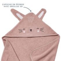 Cape de bain Babycalin 75×75 cm – éponge 100 % coton, capuche lapin avec oreilles 3D, certifiée Oeko-Tex. Douce, absorbante et ludique – disponible sur BebeMaman.ma.