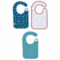 -Lot de 3 bavoirs naissance Little Band Seaside Romance – éponge double absorption, scratch doux, dimensions 17×29 cm, Oeko‑Tex, dès 6 mois.