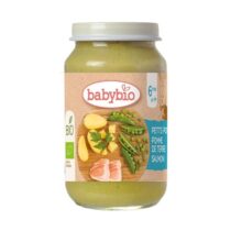 Babybio petit pot bio 200 g – purée petits pois (32 %), pommes de terre (18 %), saumon (8 %), sans gluten, lait, sel ajouté ; cuisson à la vapeur, dès 6 mois.
