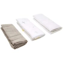 Lot 3 langes Babycalin 70×70 cm coton Oeko-Tex – dès la naissance, multi-usages, douceur renforcée au lavage, motifs étoiles gris & blanc.