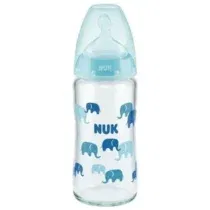 Biberon NUK First Choice Plus verre 240 ml avec tétine silicone M, valve anti-colique, indicateur température SafeTemp, sans BPA – idéal dès 0‑6 mois.